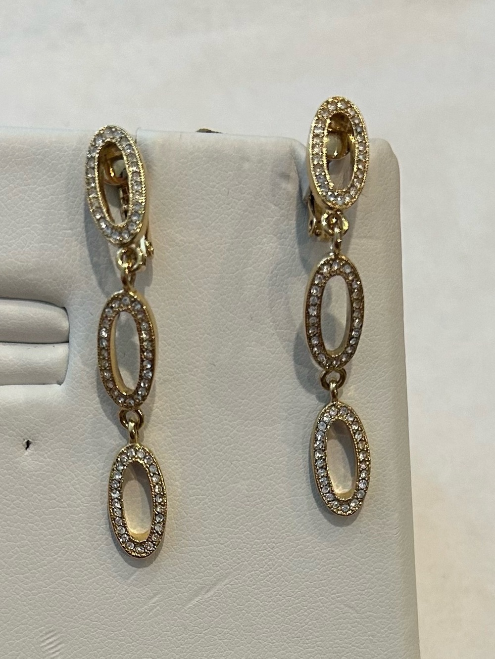 Vintage Napier Gold-Tone Triple Oval Drop Earrings with Crystal Accents